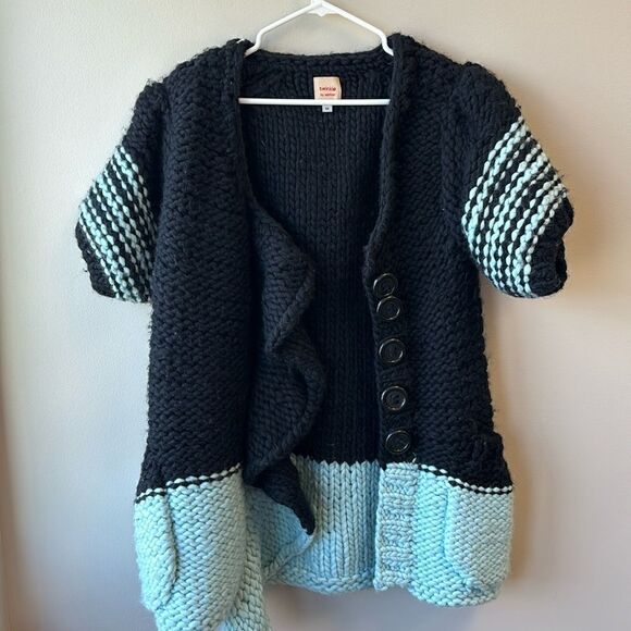 Twinkle by wenlan wool sweater oversized medium black turquoise short sleeve - Picture 2 of 7